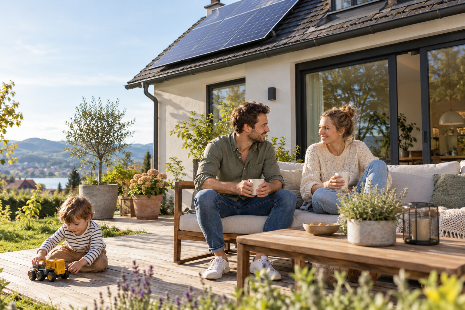 Illustration eines privaten Hauses mit Photovoltaikanlage